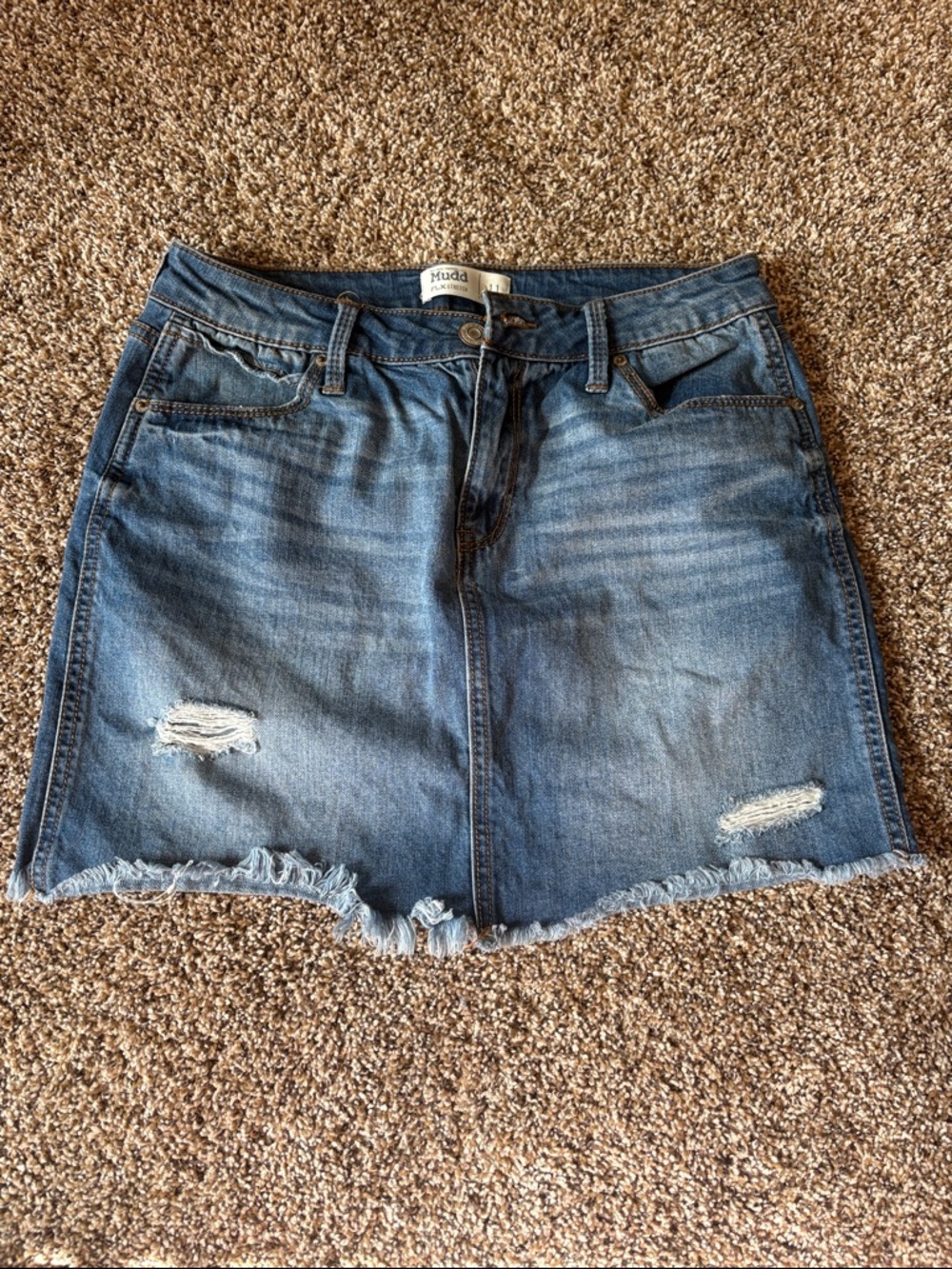 Denim Mini Skirt with Distressed Hem - Blue